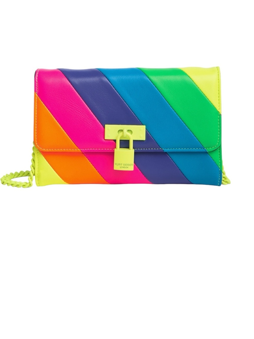 Kurt Geiger London Brixton Rainbow Leather Chain Wallet Neon Stripe Crossbody Ba
